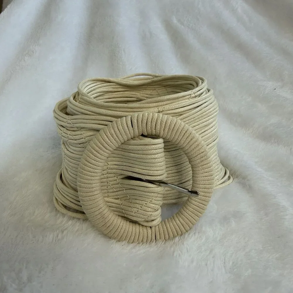 Coldwater Creek Ivory Wide Woven Cotton Belt Faux‎ Leather Accents Statement S/M